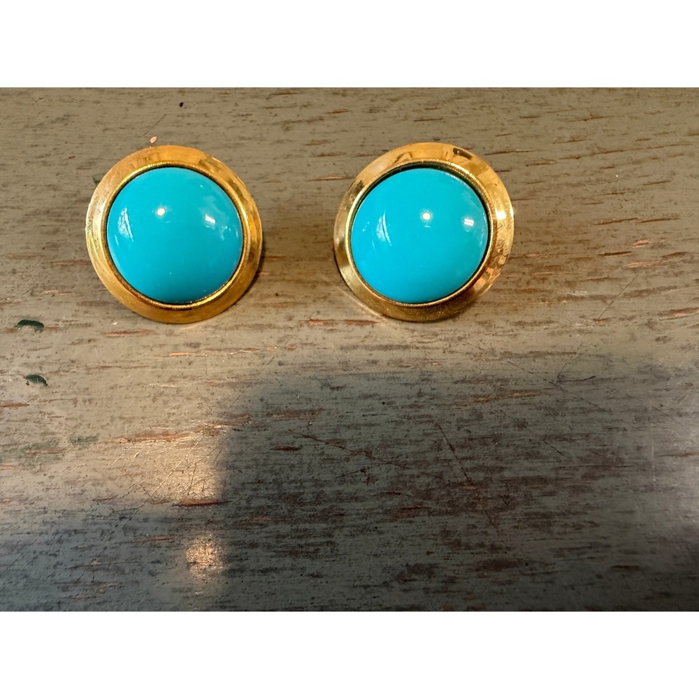 Vintage Gold Tone Turquoise Cabochon Button Stud Earrings Round Pierced Post